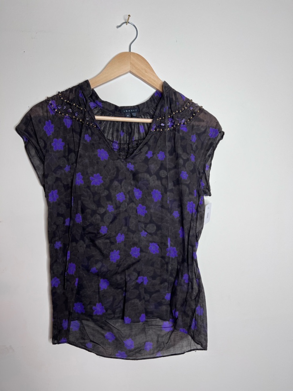 Theory Black Sheer Floral Blouse with Purple Flowers